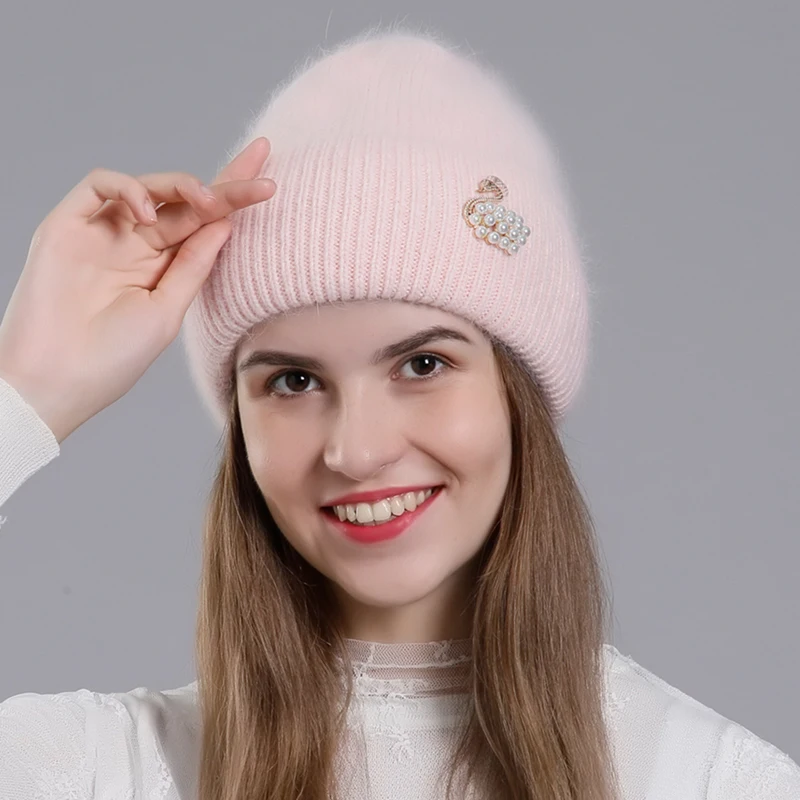 CNTANG Real Rabbit Fur Hat Winter Warm Beanies For Women Fashion Cute With Decorate Rhinestone Cap Female Casual Knitted Hats