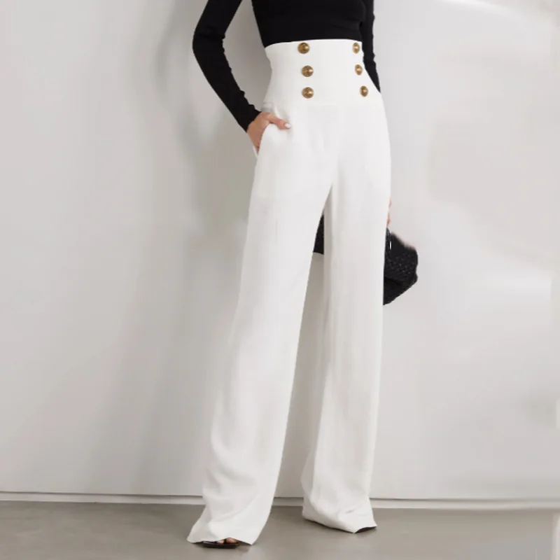 Black White Flare Pants Women 2021 New Double Breasted Gold Metal Lion Button High Waist Slim Full Length Office Casual Trousers