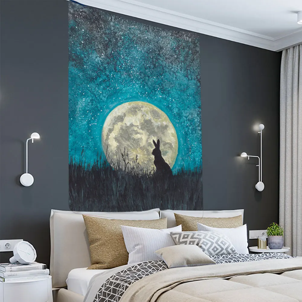 Cartoon Tapestry Hippie Moon Rabbit Starry Sky Wall Hanging Aesthetic Kawaii Room Decoration Mushroom Lion Tiger Wall Carpet Mat