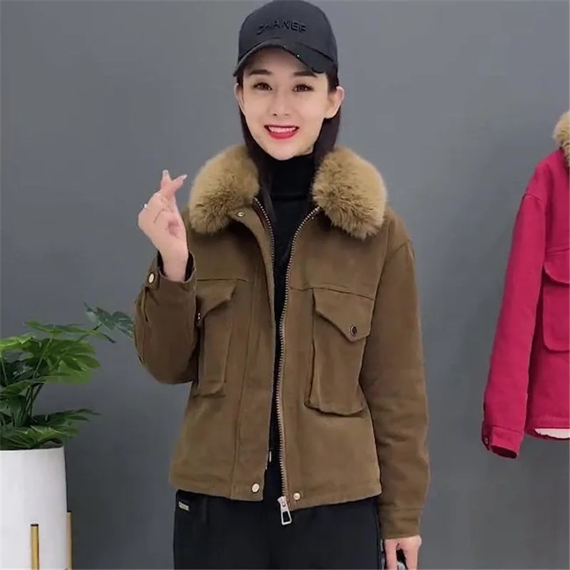 2024New Loose Plus Velvet Thick Jacket Short Down Cotton Coat Female Cotton Padded Jackets Women's Winter Overwear Top