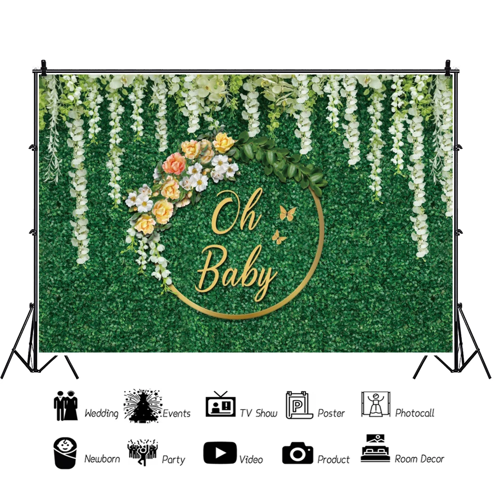 خلفية للاستحمام للأطفال من Oh خلفية للتصوير الفوتوغرافي لحديثي الولادة بزهور خضراء وعشب لعيد ميلاد الطفل خلفية للتصوير الفوتوغرافي خلفية للتصوير الفوتوغرافي