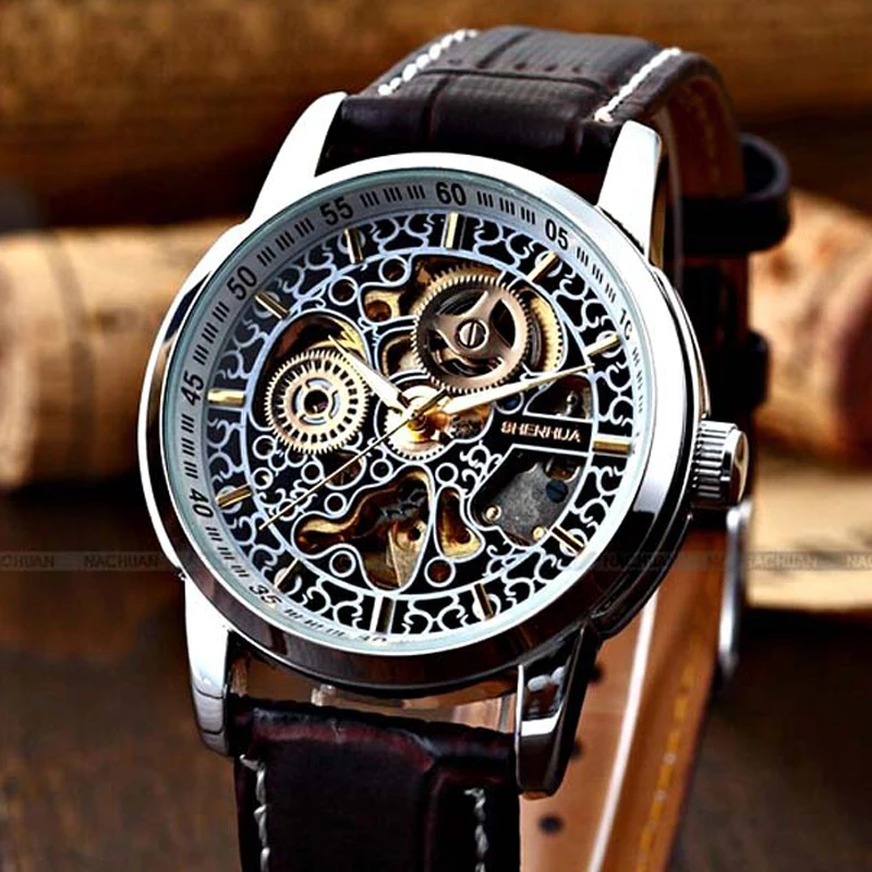 

Shenhua Fashion Vintage Watch Men Skeleton Watches Leather Band Automatic Mechanical Wristwatches Relogio Masculino Reloj Hombre