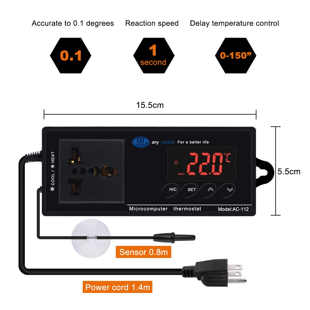 Termostato digital com sensor de temperatura ntc, controle de aquecimento e refrigeração, superfície espelhada, 105-240v