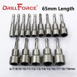 Drillforce 6-19x65mm Magnetic Nut Driver Set Impact Socket Sleeve Adapter Screwdriver Drill Bit 1/4 Inch Quick Change Hex Shank