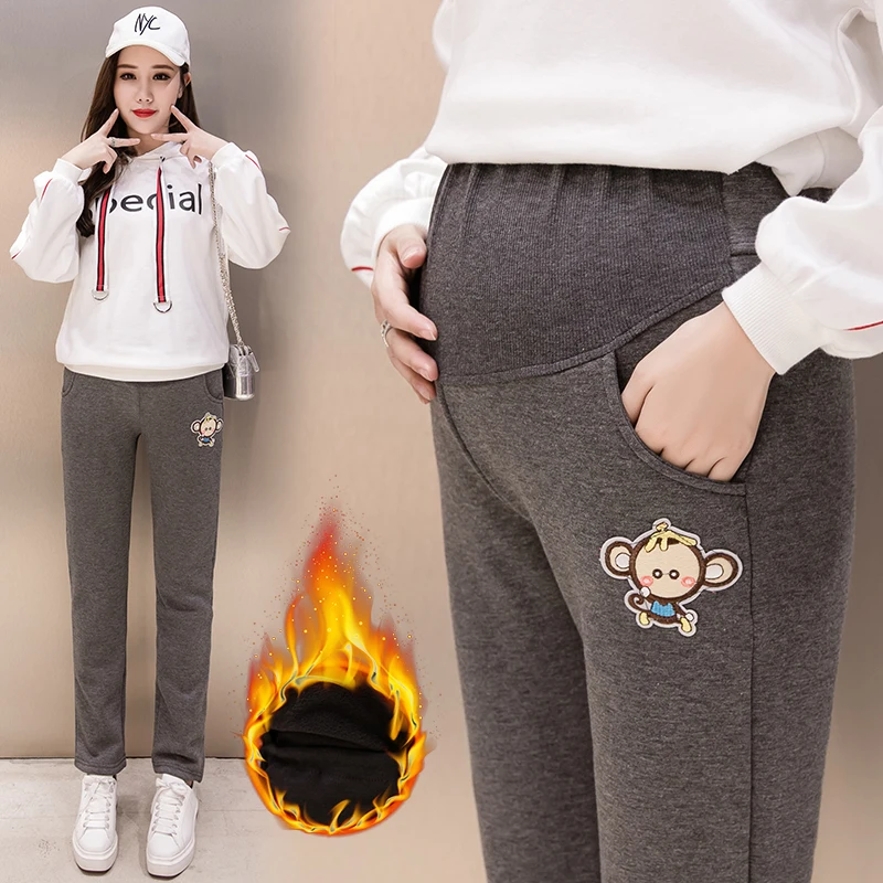 

Autumn Winter Pregnant Thick Cashmere Legging Spliced Cat Elastic Black Gray Warm Pant Slim Blended Cotton Pants For Maternity