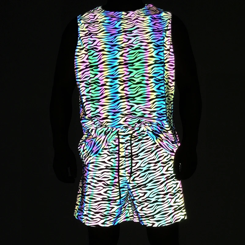 Summer Tracksuit Sets Colorful Reflective Tank Top Elasticity Breathable Sportswear Vests Light Reflection Jogging Men Shorts
