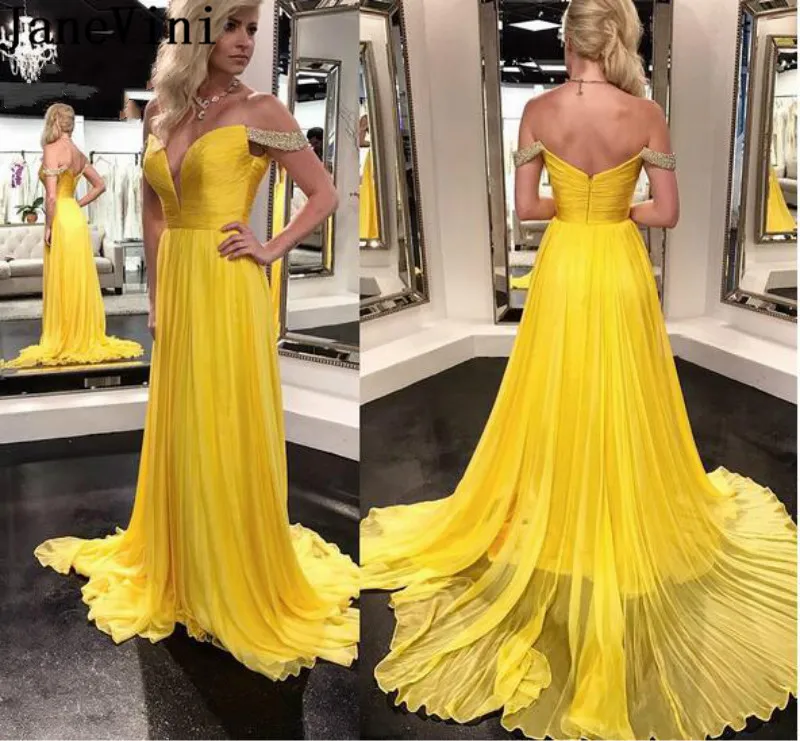 JaneVini Sexy Off Shoulder Long Yellow Prom Dresses 2020 Women Beaded Chiffon A Line V Neck Evening Party Gowns Robe Ballkleider