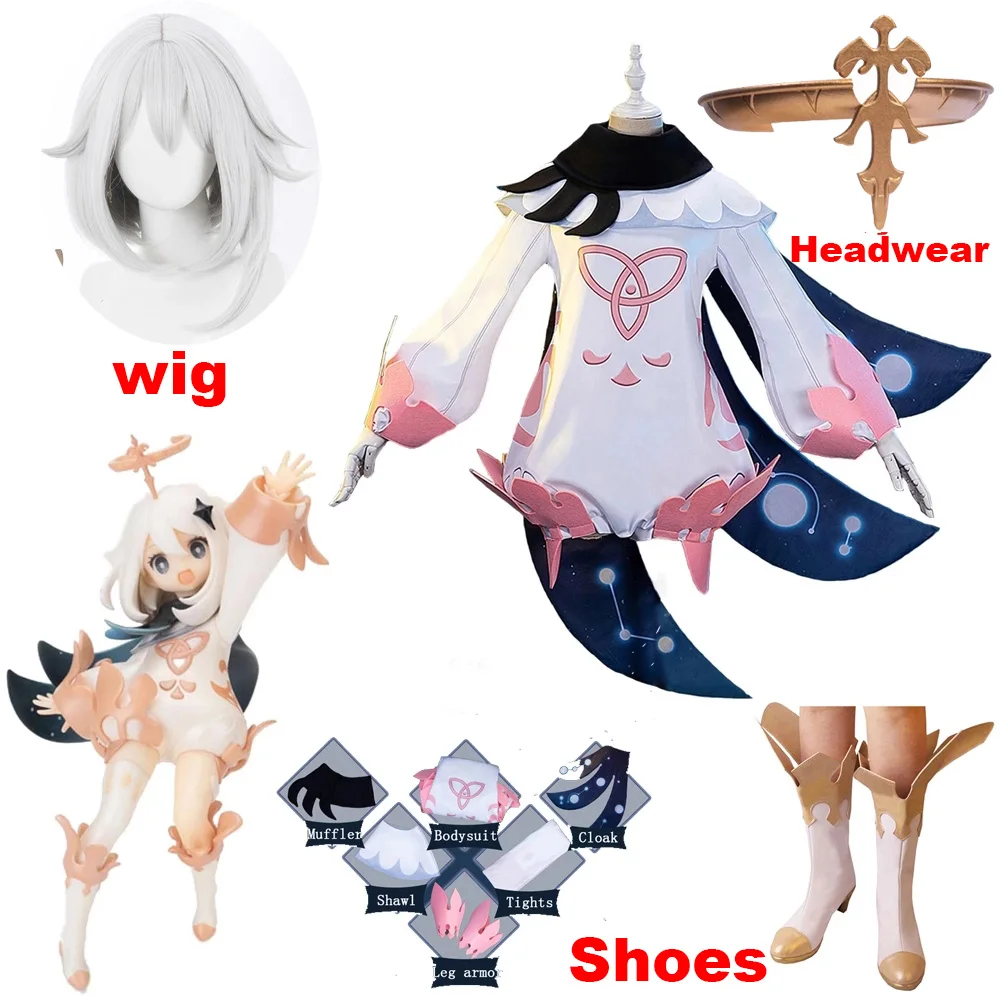 Disfraz de Paimon de impacto Genshin para mujer adulta, mono de Lolita, uniforme de fiesta, zapatos con Peluca de Halloween