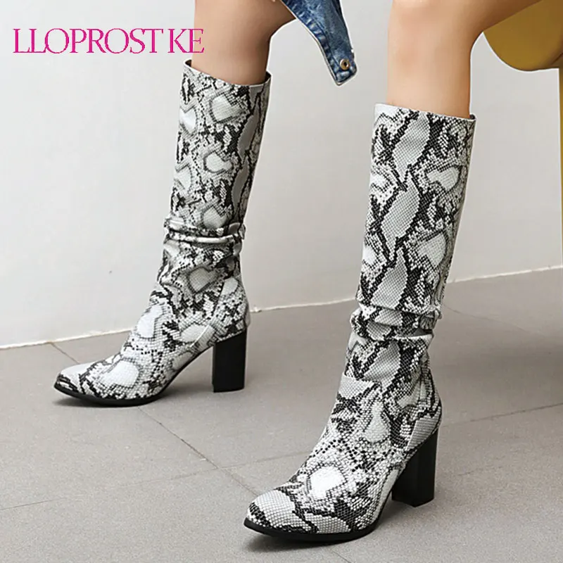 

Lloprost ke 2020 Fashion Winter Ladies Shoes Snake Print Block Heel Shoes Black Slip on Pleated Mid Calf Ride High Heel Boots
