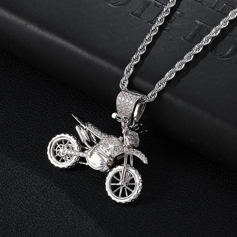 D&Z Motorcycle Pendant Necklace In Gold Color HIP Hop Full AAA Iced Out Bling CZ Cubic Zircon Copper Necklaces For Men Jewelry