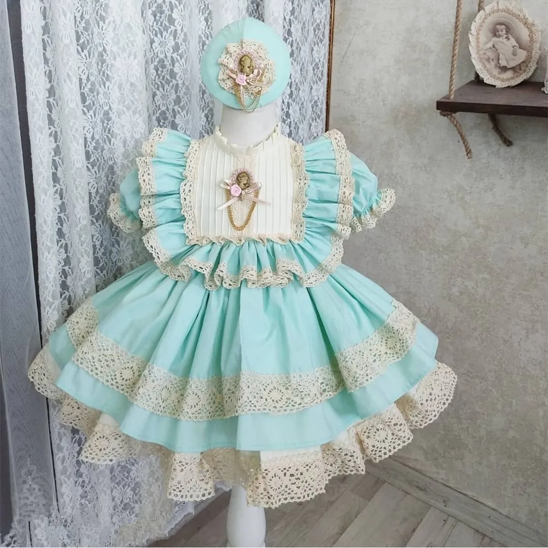 

1-12Y Baby Girl Green Lace Vintage Spanish Turkish Ball Gown Princess Dress for Birthday Eid