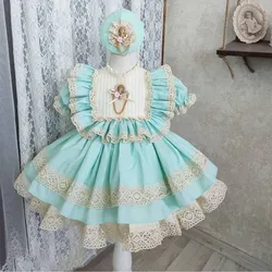 1-12Y Baby Girl Green Lace Vintage Spanish Turkish Ball Gown Princess Dress for Birthday Eid