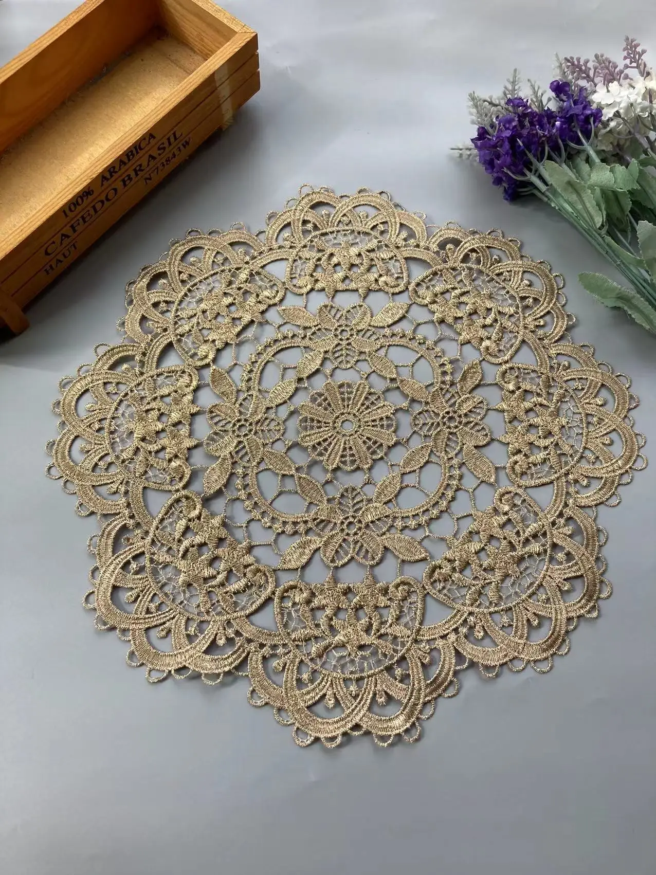 2 pcs New Gold 3D Lace Round Embroidery Table Place Mat Christmas Pad Cloth Placemat Cup Mug Wedding Tea Coaster Doily Kitchen