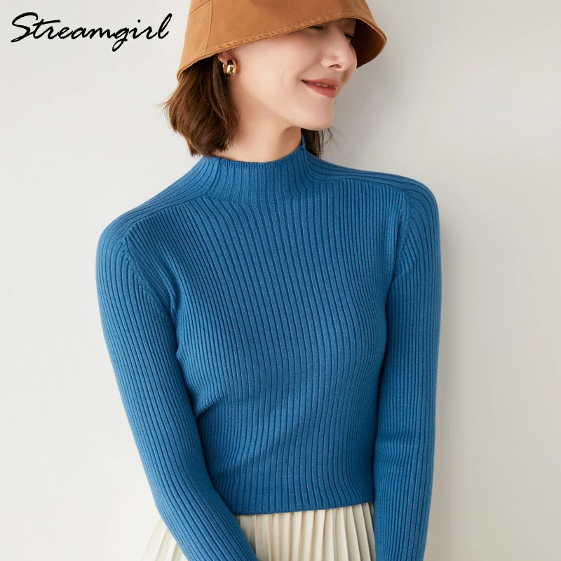 White Turtleneck Sweater Women\'s Thin Jumper Autumn Winter 2021 Long Sleeve Knit Pullovers Blue Women\'s Turtleneck Sweaters Warm