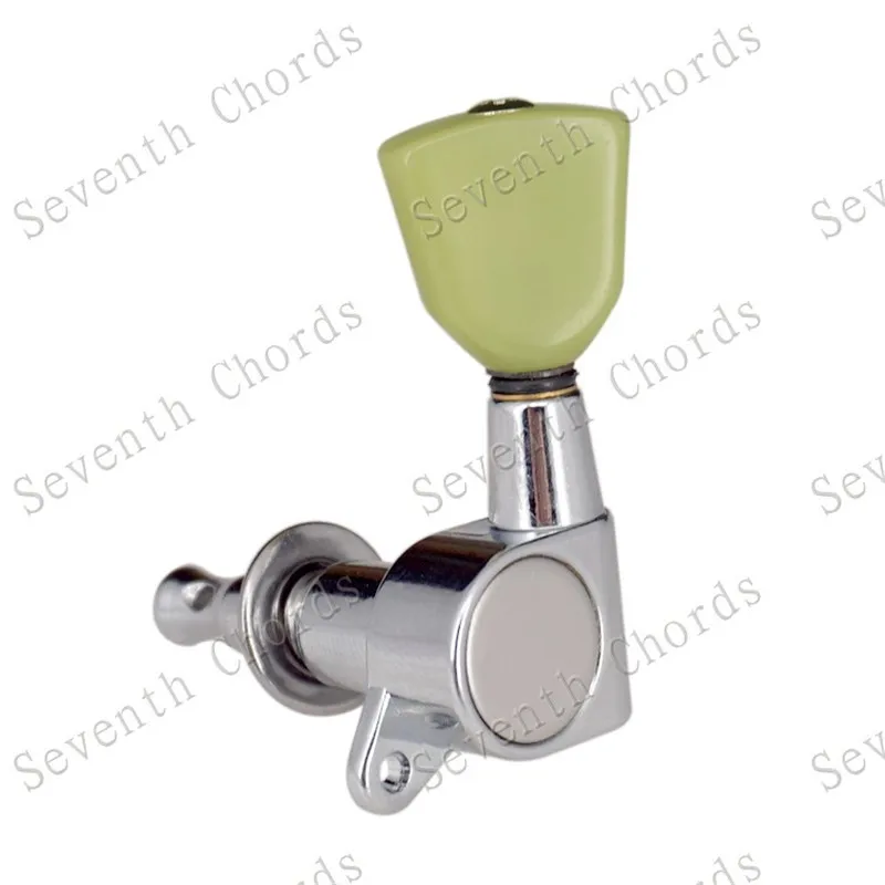 Ein Set mit 6 Stück versiegelten Mechaniken für Gitarren, inklusive Stimmwirbeln, Stimmknöpfen und Trapez-Jade-Grün-Knöpfen, Gitarrenzubehör und -teile. – Detail 3