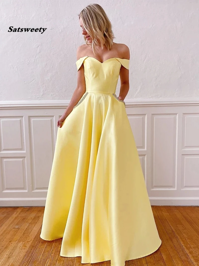 Off the Shoulder Pink Yellow Long Prom Dresses with Pockets Long Saudi Arabia Muslim Evening Gown Fashion Women Party Dress