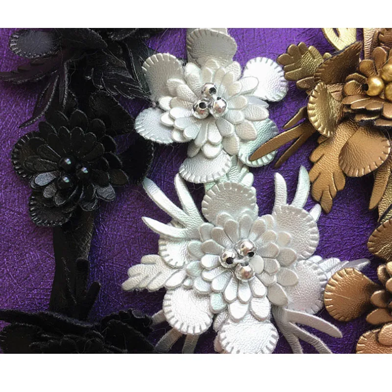 2y Artificial Leather Flower Pearl Embroidered Lace Trim Ribbon Fabric Sewing Supply Craft DIY For Costume Dress Hat Decoration
