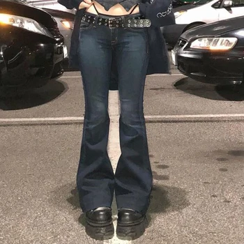 2000S Retro Low Rise Skinny Flared กางเกง Y2k ผู้หญิงกางเกงยีนส์ยาวกางเกงยีนส์ Vintage MODE Korea Fairycore Streetwear