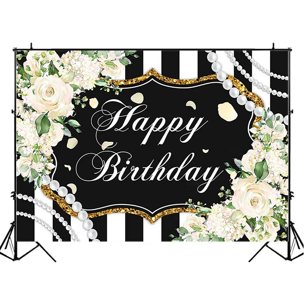 Mocsicka Schwarz-und-Weißen Streifen Frauen Geburtstag Hintergrund Decor Banner Blumen Glückliche Geburtstag Party Fotografie Hintergrund Requisiten