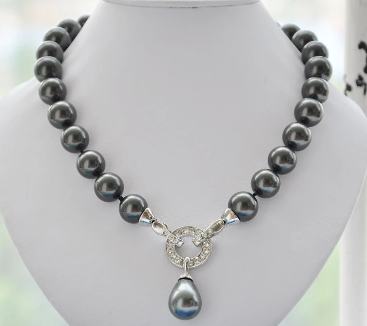 

shipping 14mm round black SHELL PEARL NECKLACE Drip pendant 17inch