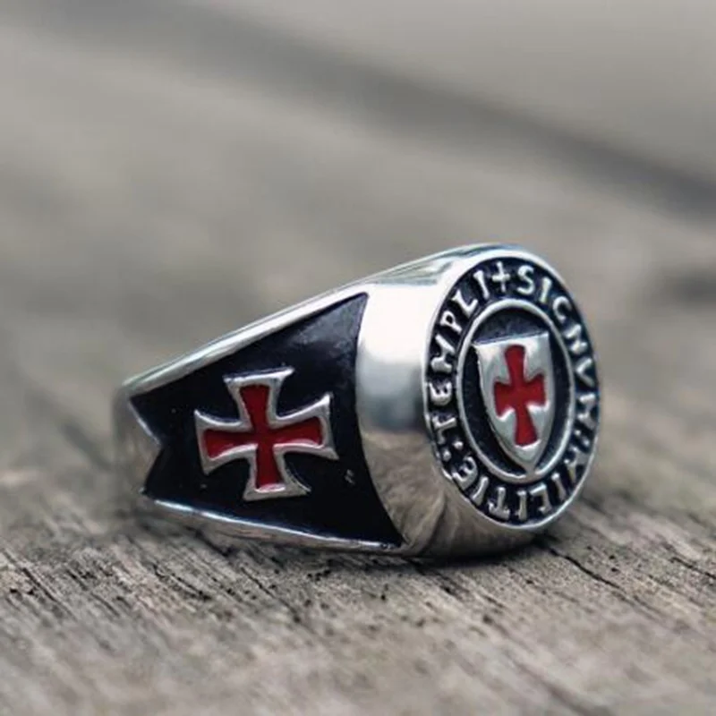 Fashion Personality Red Armor Shield Knight Templar Crusader Cross Ring for Men Medieval Signet Retro Vintage