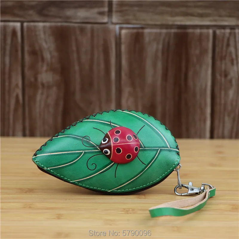 Leather Handmade Creative Leaves Seven Star Ladybug Mini Coin Purse Leather Card Key Case Clutch Clutch Clutch