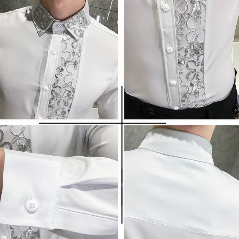 Chemises Hommes Sexy Lace Patchwork Shirt 2021 New Fashion Men\'s Nightclub Party Work Shirt Formal Slim Fit Social Party Shirt