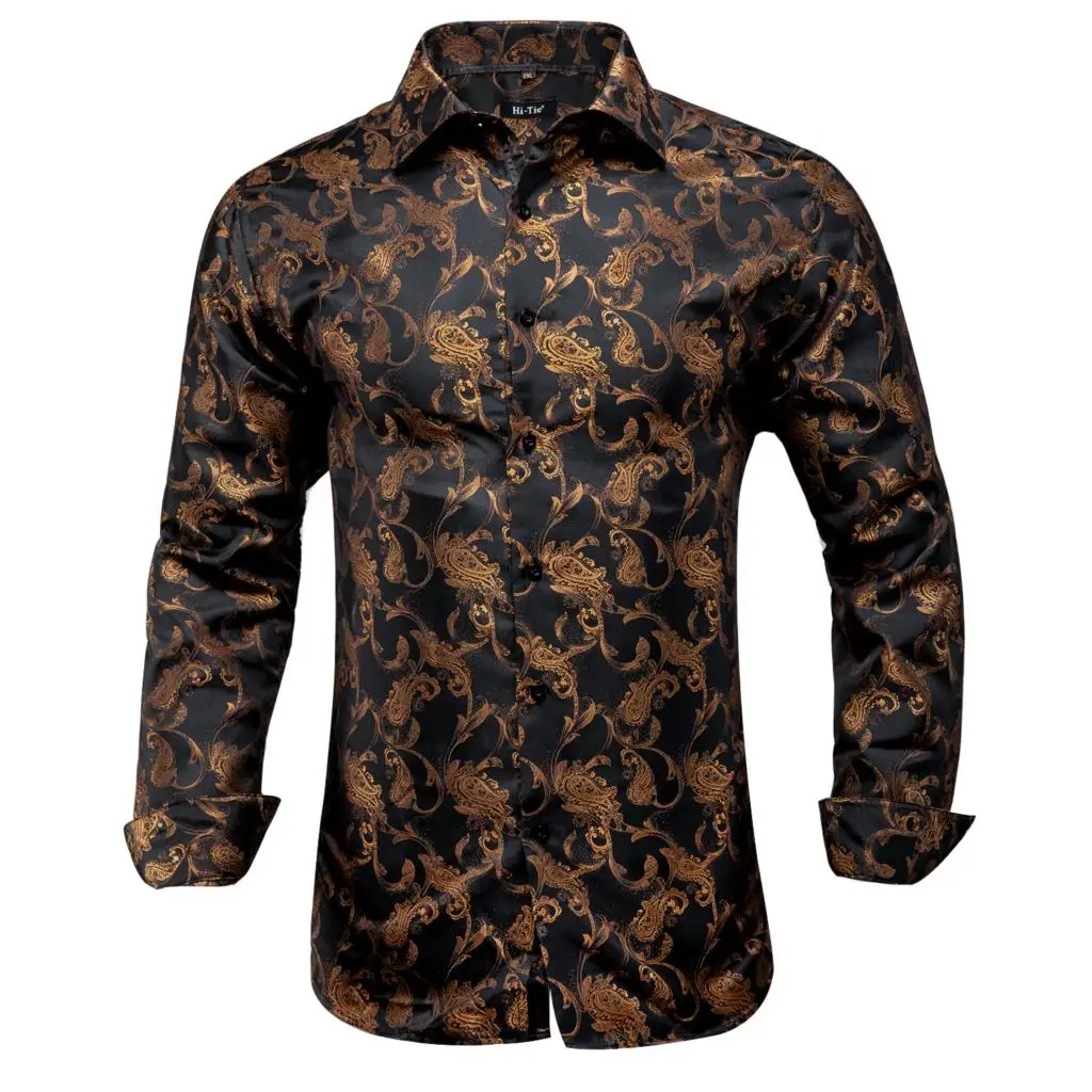 Hi-Tie High Quality Silk Mens Shirts Long Sleeve Black Brown Paisley Floral Shirt Slim Fit For Men Male Dress Jeans Suit Wedding