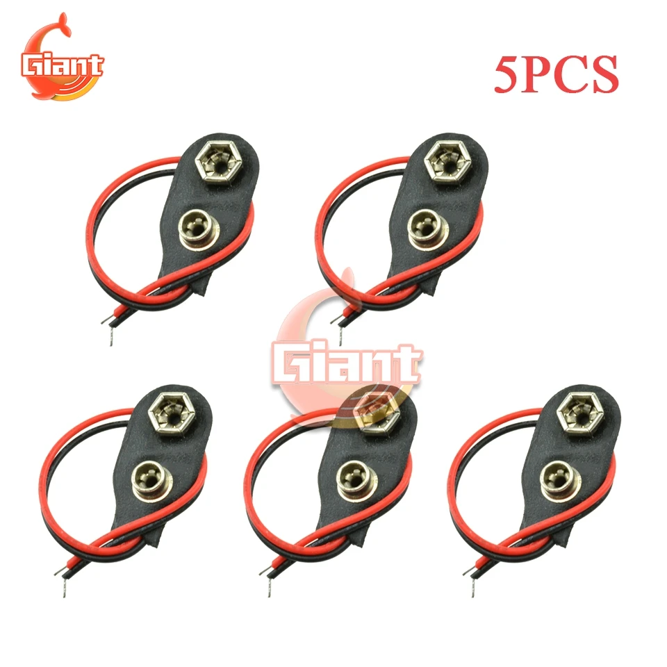 5pcs 9V 9 Volt Battery Clips Connector Holder Clip Snap On Connector Cable Lead Black 9V I-Fonts Battery Buckle Soft Shell