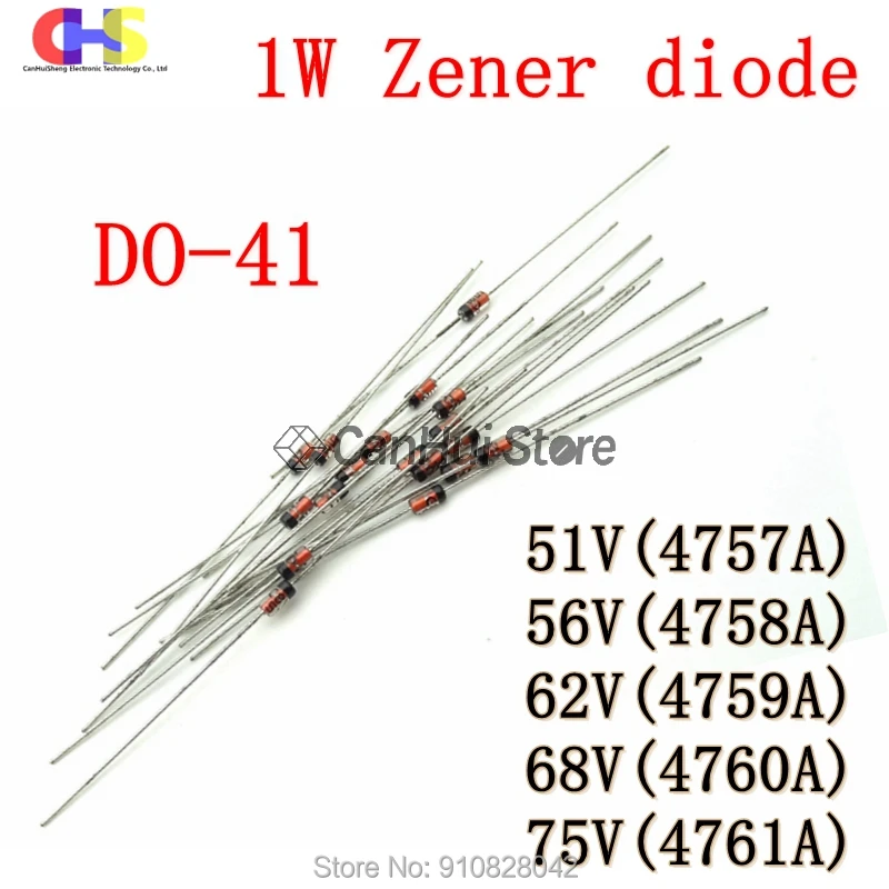 20pcs 1W Zener Diode DO-41 51V 56V 62V 68V 75V 1N4757A 1N4758A 1N4759A 1N4760A 1N4761A