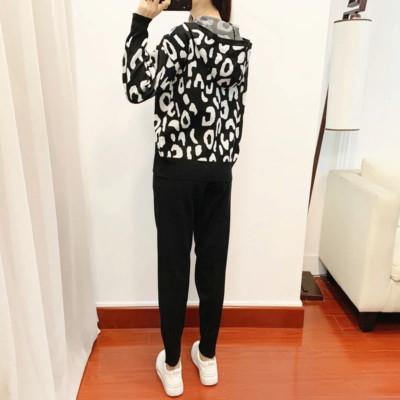 Women Knitted 3 Piece Sets Chic Leopard Print Hooded Cardigan+Crop Tops+ Knitted Harem Pants Outfits Korean Sweater Tracksuits