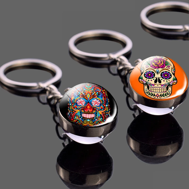 Sugar Skull Glass Ball Keychain Keyring Mexico Folk Art Pendant  Dome Jewelry Vintage Accessories Men Gift Wholesale