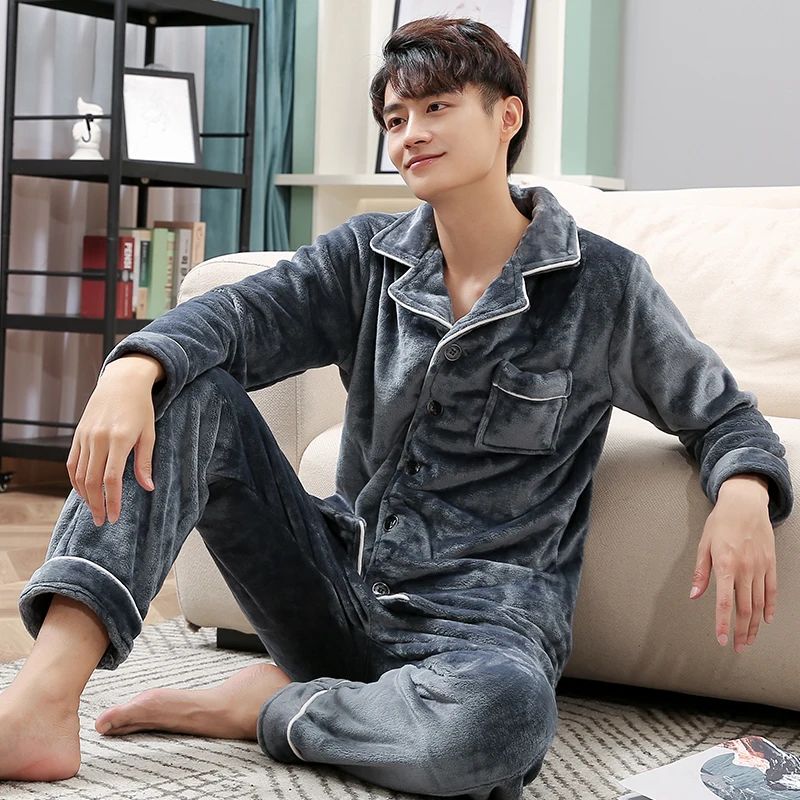 Winter Flannel Pajamas Men PJ Full Sleeves Homeclothes Warm Pijama Coral Fleece Sleepwear Thicken Soft Gray Pyjama Homme