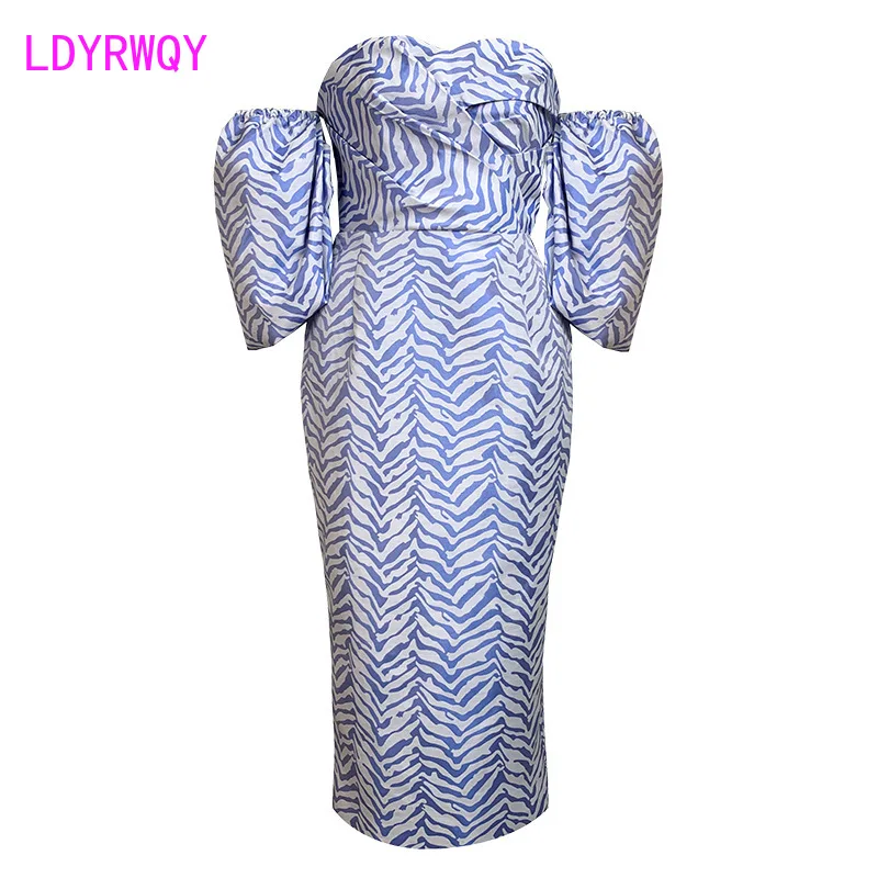 LDYRWQY 2021 summer new women's tube top, one-way neck striped puff sleeve dress, wrapped chest  Office Lady  Zippers