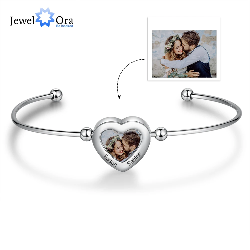 

JewelOra Customize Memory Photo Cuff Bangles for Women Cute Heart Stainless Steel Engraving Name Adjustable Bracelets & Bangles