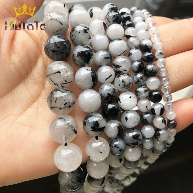 Natural Stone Black Rutilated Quartz Round Loose Beads For Jewelry Making DIY Bracelet Earrings Accessories 15\'\' 4/6/8/10/12mm