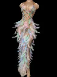 Prom Evening Long Feathers Dress For Women Attractive Skinny Outfits Wedding Engagement Singer Host Stage Drag Queen Costume