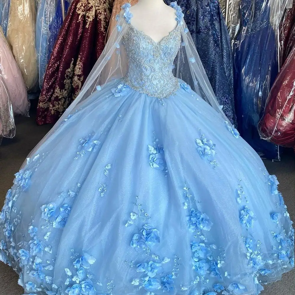 3D Floral vestidos de 15 años 2022 Puffy  Quinceanera Dress Cape Sweetheart Neck Sweet 16 Dress Long Prom Gowns Lace-Up