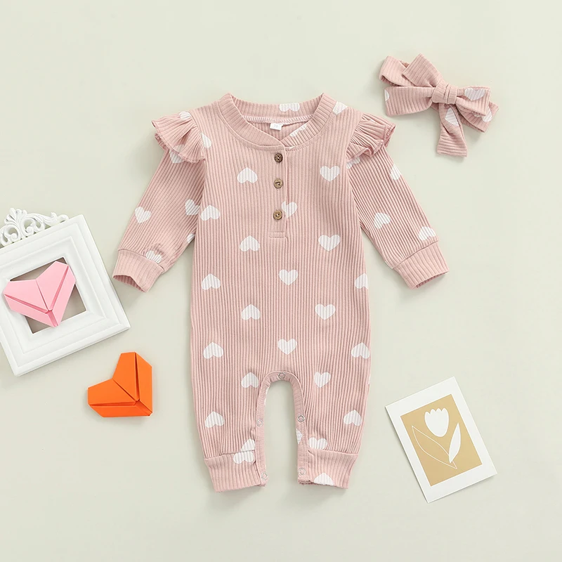 Spring Valentine's Day Infant Girls Clothes Set Heart Print Long Sleeve Romper and Bow Knot Headdress Autumn Suit