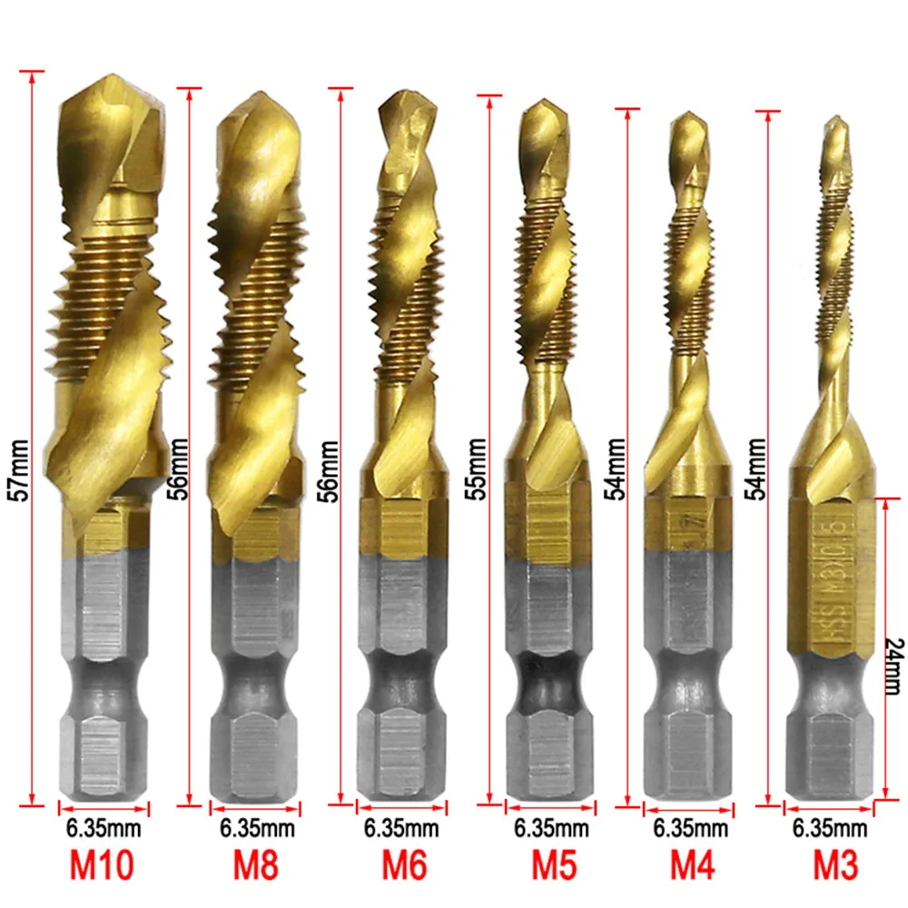 6Pcs M3-M10 Hex Shank Titanium Plated HSS Screw Thread Metric Tap Drill Bits