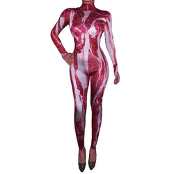 Sexy Halloween Meat Print Cosplay Jumpsuit Nightclub Party Stretch Rompers Dancer Bodysuit Stage Performance Costumes Wuhuarou