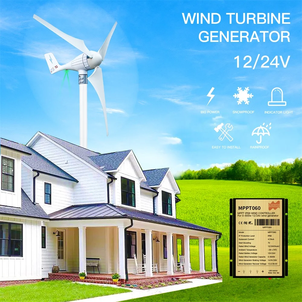 600W 12V 24V Wind Turbine Generator 3 5 Blades Residential AC Hawt Wind Mill with Free MPPT Controller Charging Indicator LED
