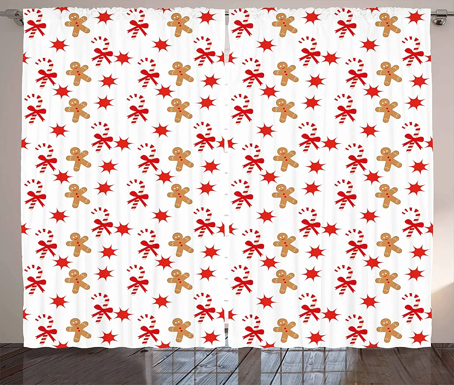 Gingerbread Man Blackout Curtains Candy Cane with Bowties Red Star Figures Gingerbread Man Pattern Window Curtain