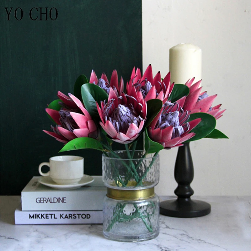 YO CHO Artificial Flower Silk King Protea DIY Flower Arrangement Fake Emperor Flowers White Home Party Wedding Table Decoration