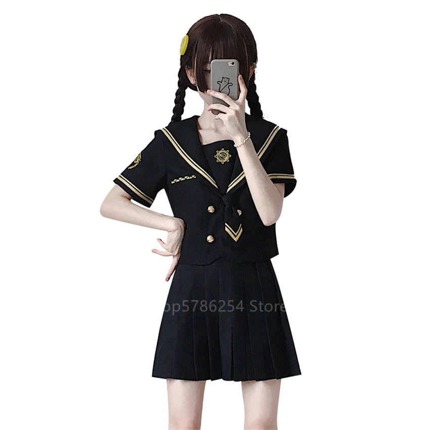 Japanese School Uniform Sailor Shirt Skirt Set Bad Girl Doll Black Gothic Solid Color Pleated JK Suit High School Student Outfit