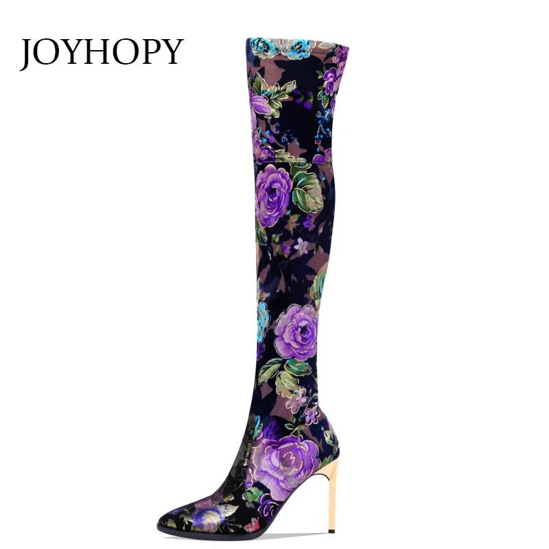 

2019 New Autumn Printing Pointed Toe Thigh Boots Women Genuine Leather High Heels Shoes Woman Flower Over The Knee Boots WB1505