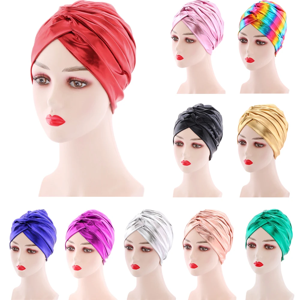 

African Shinny Glitter Women Hijab Caps Muslim Stretch Turban Indian Hat Islamic Underscarf Bonnet Hair Loss Chemo Beanie Covers