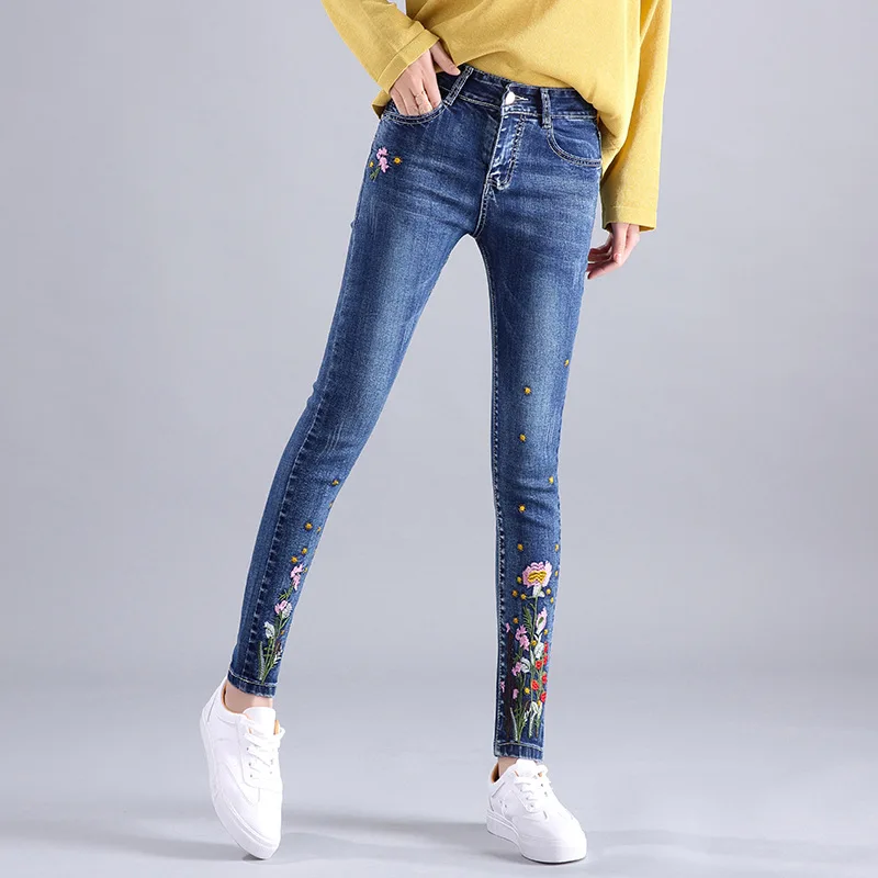 Women Jeans Woman Push Up High Waist Stretch Skinny Pencil Denim Pants Spring Summer Mom Blue Floral Embroidered Trousers