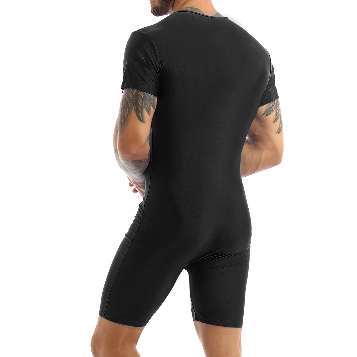 Mens Short Sleeve Zipper Front Leotard Bodysuit One-Piece Dance Gym Workout Jumpsuit Biketard Unitard Wrestling Singlet