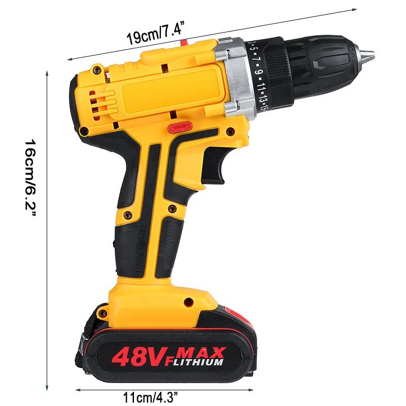 48V 1500W Electric Drill Rechargeable Cordless LED Light Multifunctional Household Electric Wrench Power Adapter + Battery EU